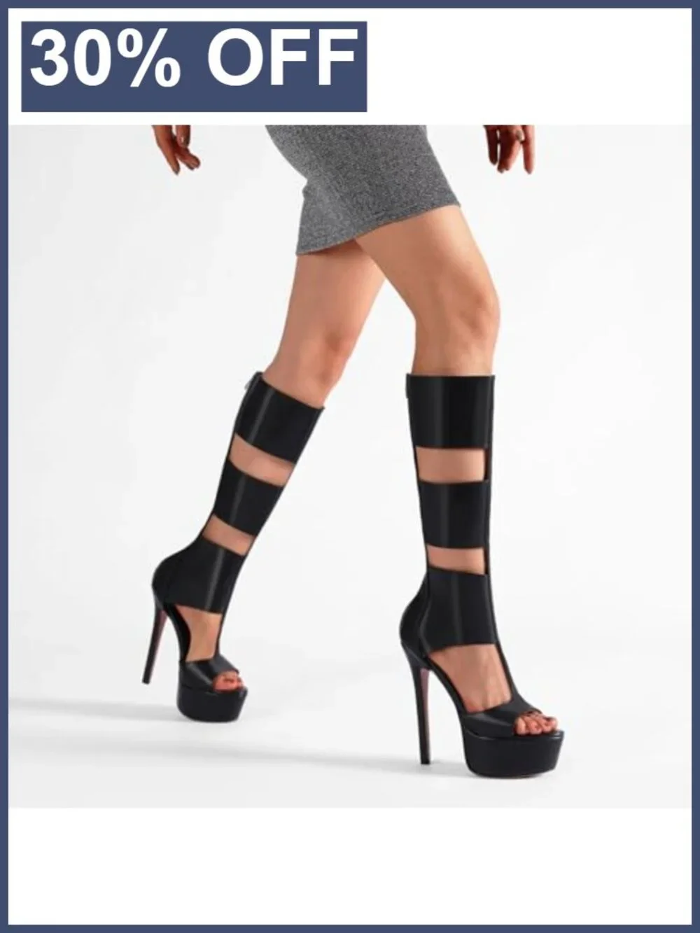 Faux Leather Platform Knee High Heels Open Toe Gladiator Sandals Party